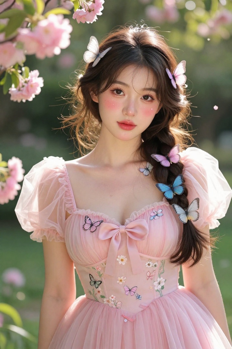 large breasts,  A breathtakingly sweet young asian woman standing in a sun-dappled garden filled with blooming pink flower...