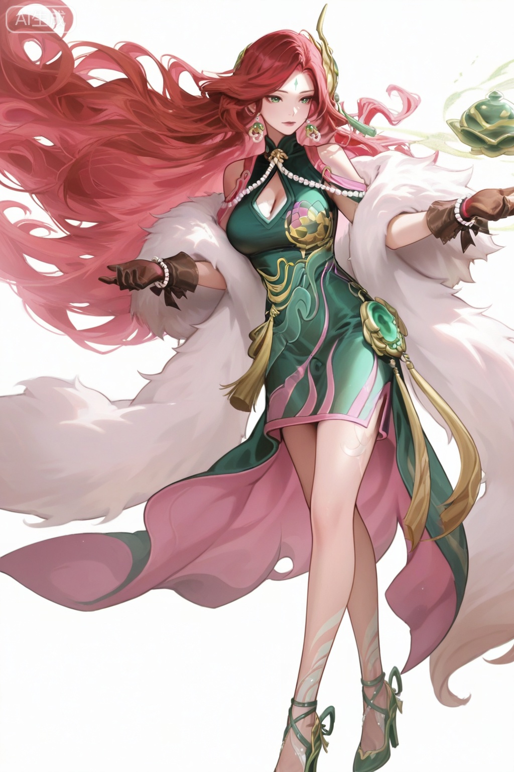 1girl,standing,simple background,white background,solo,red-pink long hair,green eyes,forehead mark,long hair,red-pink long hair,red hair,jewelry,earrings,breasts,cleavage,,hair ornament,dress,green dress,china dressclothing cutout,cleavage cutout,white fur stole,tassel,brown gloves,black gloves,see-through,see-through gloves,bow gloves,pearl bracelet,pearl,green footwear,high heels,green high heels,gold trim high heels,leg tattoo,bare legs,jade pendant,waist pendant,ribbon trim,