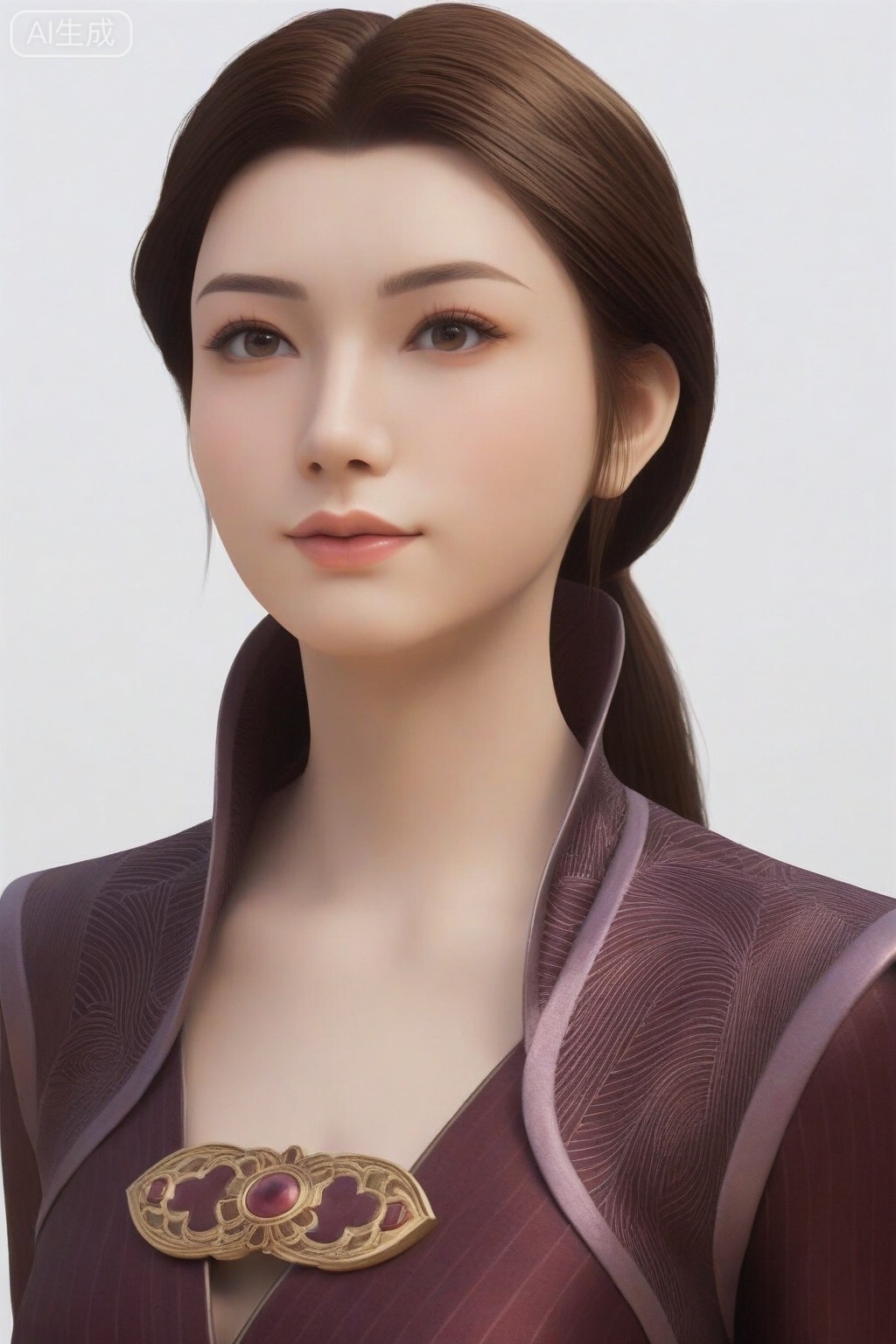 score_9_up,FSN,1girl, solo, long hair, simple background, brown hair, white background, jewelry, upper body, lips, realistic