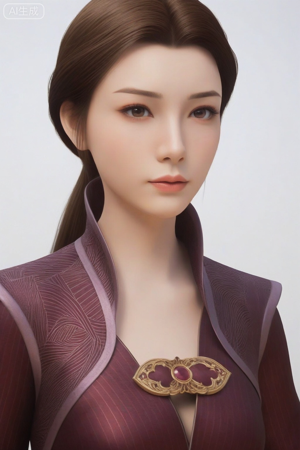 score_9_up,FSN,1girl, solo, long hair, simple background, brown hair, white background, jewelry, upper body, lips, realistic