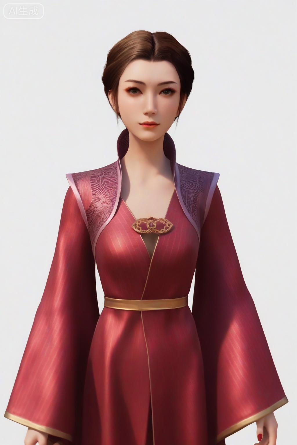 score_9_up,FSN,1girl, solo, long hair, simple background, brown hair, white background, dress, brown eyes, jewelry, lips, realistic, nail polish bottle,realistic,red dress,Chinese clothes,looking_at_viewer,long sleeves,braid,wide sleeves,