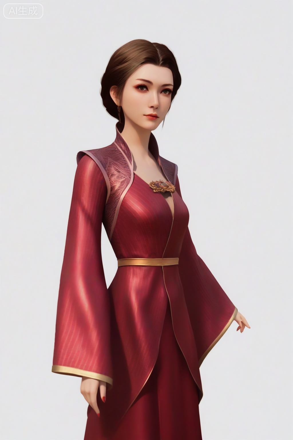 score_9_up,FSN,1girl, solo, long hair, simple background, brown hair, white background, dress, brown eyes, jewelry, lips, realistic, nail polish bottle,realistic,red dress,Chinese clothes,looking_at_viewer,long sleeves,braid,wide sleeves,