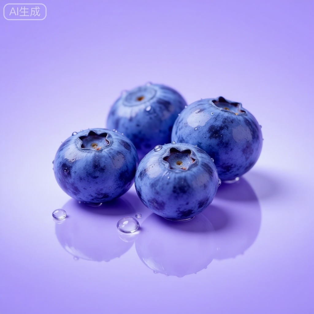Photography of blueberries and water, light purple background, surreal still life photography, macro shot of tropical fruits, translucent texture, rendered in ZBrush style, anime aesthetic, fairy tale core, shimmering water drops, specular reflection, brilliant colors, 8K, Ultra HD.