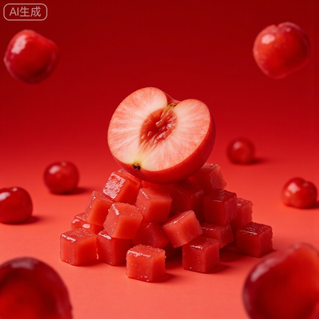 Under a close-up shot, a cut half of a juicy cherry with a pit is placed on top of many tender and juicy cherry pulp cubes. The surface of the pulp cubes has a slight luster, as if it had just been cut. The scene is set outdoors on a sunny day. The background is a gradient of deep red, dotted with a few suspended cherries. The composition adopts a low-angle upward shot to highlight the texture and three-dimensionality of the subject. The color is mainly gradient red, and the overall tone is bright and appetizing. The style of the picture tends to be hyper-realistic food photography, which delicately displays the texture and luster of the fruit. The background elements are simple and clean, making the peach the visual focus. The real core creates a healing and refreshing atmosphere. It is a food photography image with peach as the main body and a fresh summer feel.