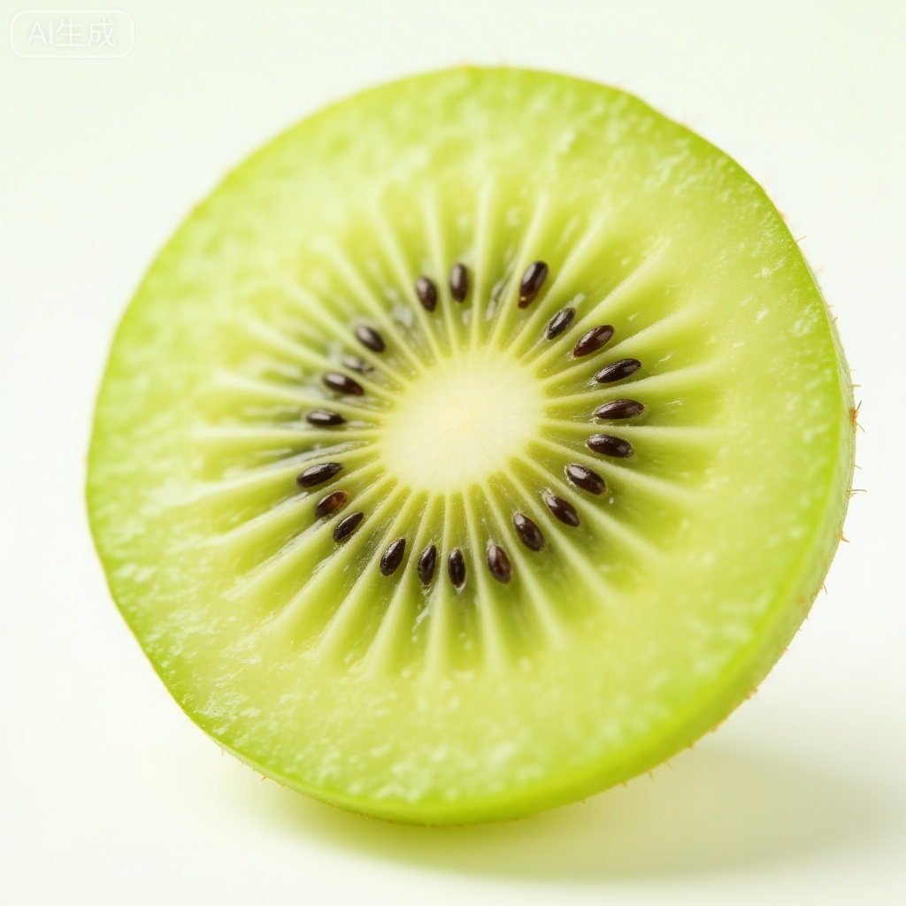 Macro ultra-clear photography, extreme close-up of fresh kiwi slice, backlighting to highlight the translucent texture of the flesh, lens blur background, shallow depth of field, showing detailed arrangement of green flesh and black seeds inside the kiwi, simple white background, professional food photography lighting, 8K ultra-clear resolution, commercial fruit photography
