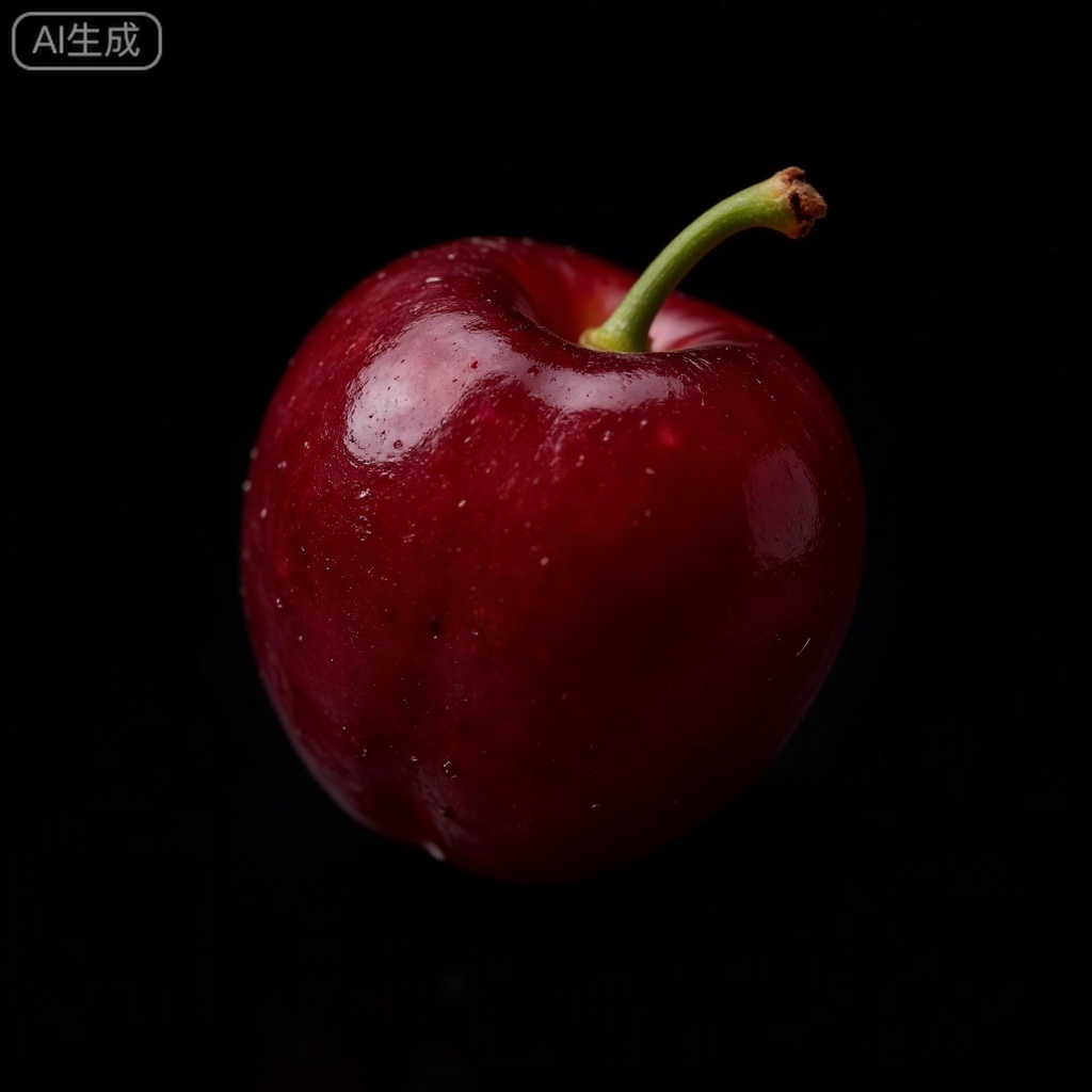 Professional macro photography, extreme close-up of a fresh ripe deep red cherry, ultra-high definition details, lens blur background, shallow depth of field, side backlighting, highlighting the cherry's glossy surface and texture, black minimalist background, professional still life photography style, 8K ultra-clear resolution, commercial fruit photography
