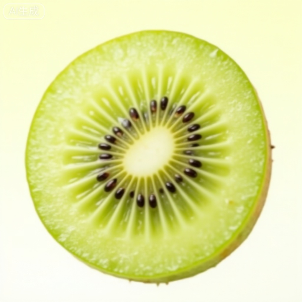 Macro ultra-clear photography, extreme close-up of fresh kiwi slice, backlighting to highlight the translucent texture of the flesh, lens blur background, shallow depth of field, showing detailed arrangement of green flesh and black seeds inside the kiwi, simple white background, professional food photography lighting, 8K ultra-clear resolution, commercial fruit photography