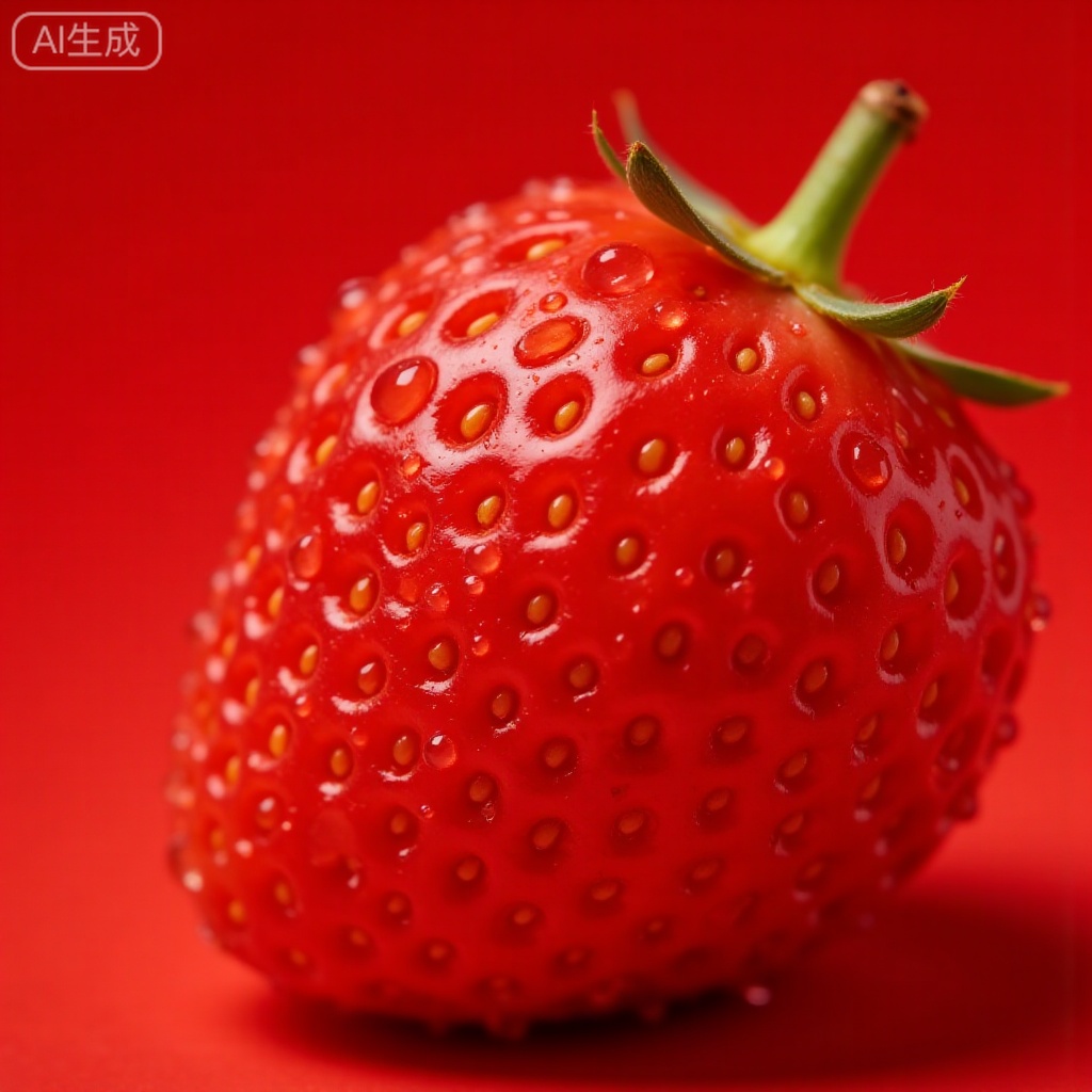 Ultra close-up, fresh strawberry, plump flesh, crystal clear water droplets on surface, delicate fruit texture, bright red color, green calyx, soft natural light, high resolution, fine texture