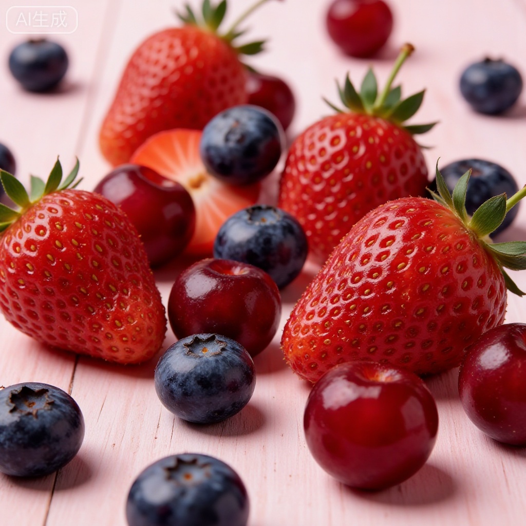 Diverse composition macro photography, fresh fruit arrangement (strawberries, blueberries, cherries), artistically scattered placement, side lighting to highlight color contrast and texture differences between fruits, lens blur background, shallow depth of field, showing natural fruit shapes and details, light wooden background, commercial food photography standards, ultra-clear resolution