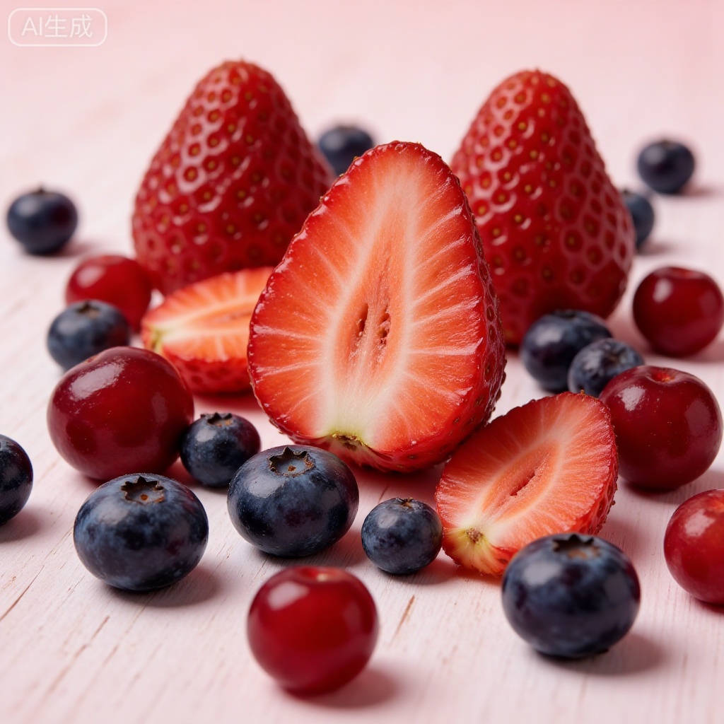Diverse composition macro photography, fresh fruit arrangement (strawberries, blueberries, cherries), artistically scattered placement, side lighting to highlight color contrast and texture differences between fruits, lens blur background, shallow depth of field, showing natural fruit shapes and details, light wooden background, commercial food photography standards, ultra-clear resolution