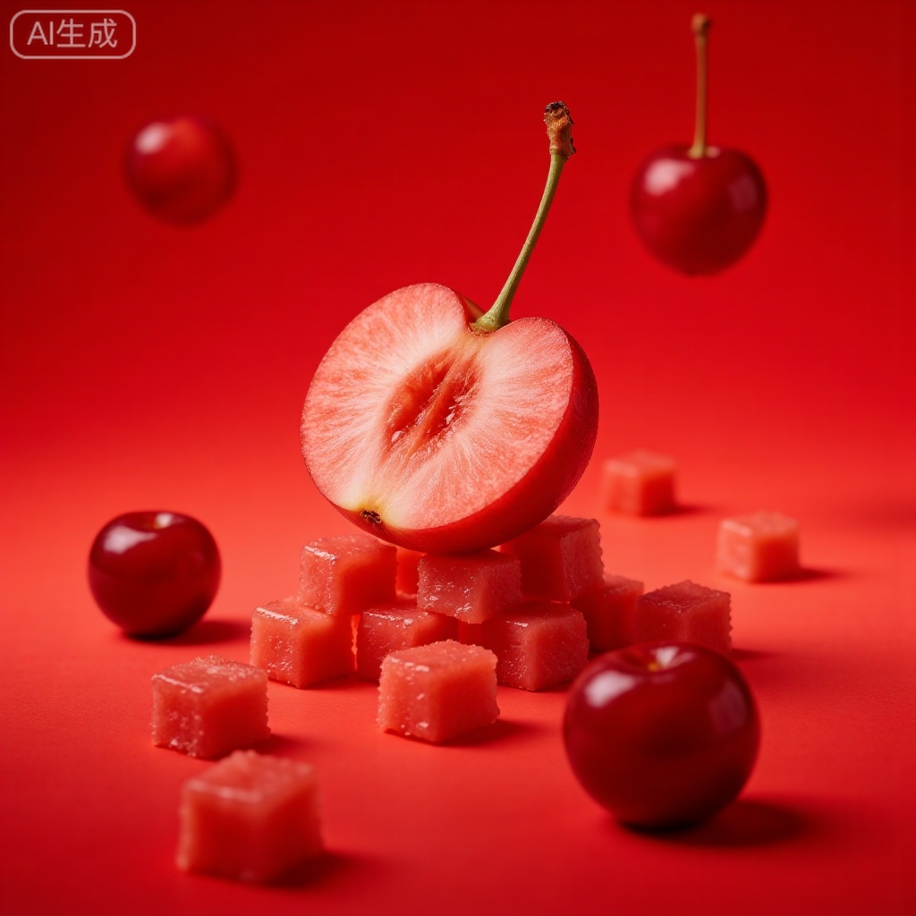Under a close-up shot, a cut half of a juicy cherry with a pit is placed on top of many tender and juicy cherry pulp cubes. The surface of the pulp cubes has a slight luster, as if it had just been cut. The scene is set outdoors on a sunny day. The background is a gradient of deep red, dotted with a few suspended cherries. The composition adopts a low-angle upward shot to highlight the texture and three-dimensionality of the subject. The color is mainly gradient red, and the overall tone is bright and appetizing. The style of the picture tends to be hyper-realistic food photography, which delicately displays the texture and luster of the fruit. The background elements are simple and clean, making the peach the visual focus. The real core creates a healing and refreshing atmosphere. It is a food photography image with peach as the main body and a fresh summer feel.