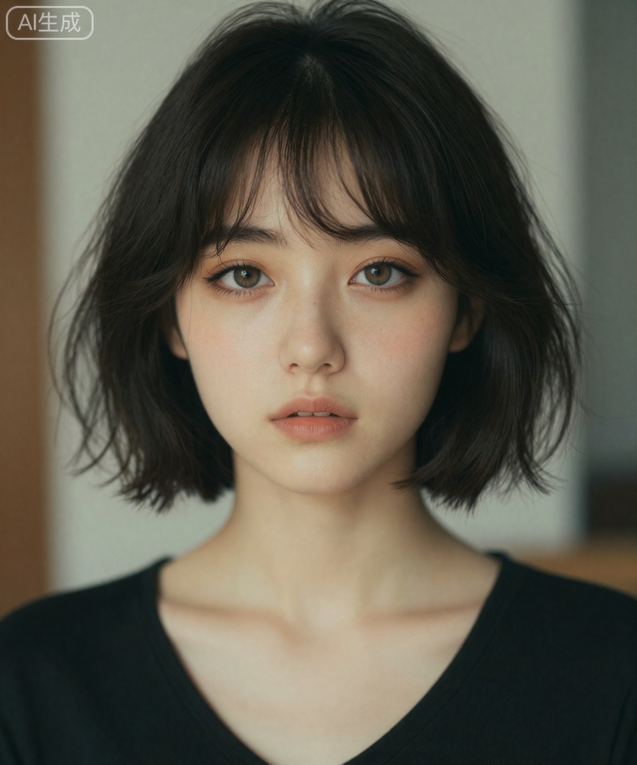 In the photo, a young woman has short dark hair and a slightly messy bob. She has fair complexion and a few freckles on her cheeks. Her eyes are large and expressive, with light brown irises and dark eyeliner. She wore a black top with a V-neck. The background is blurred, indicating a shallow depth of field, thereby emphasizing the subject in the foreground. The lighting is soft and natural, creating a gentle and warm atmosphere.