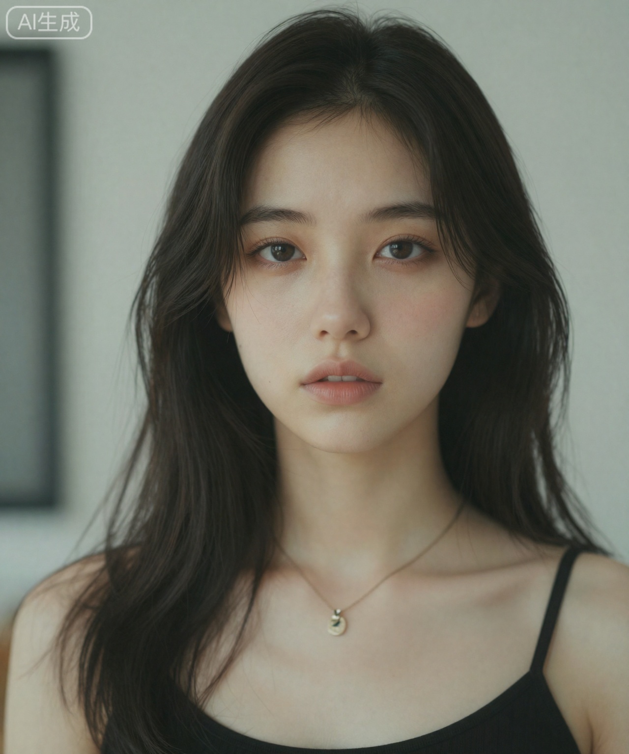 The image shows a young woman with long dark hair and a black top. She has a delicate necklace with a chain and small pendant. She has fair skin with some freckles on her nose and cheeks. The background is blurred and the subject stands out. The light is soft, creating a soft and natural effect.