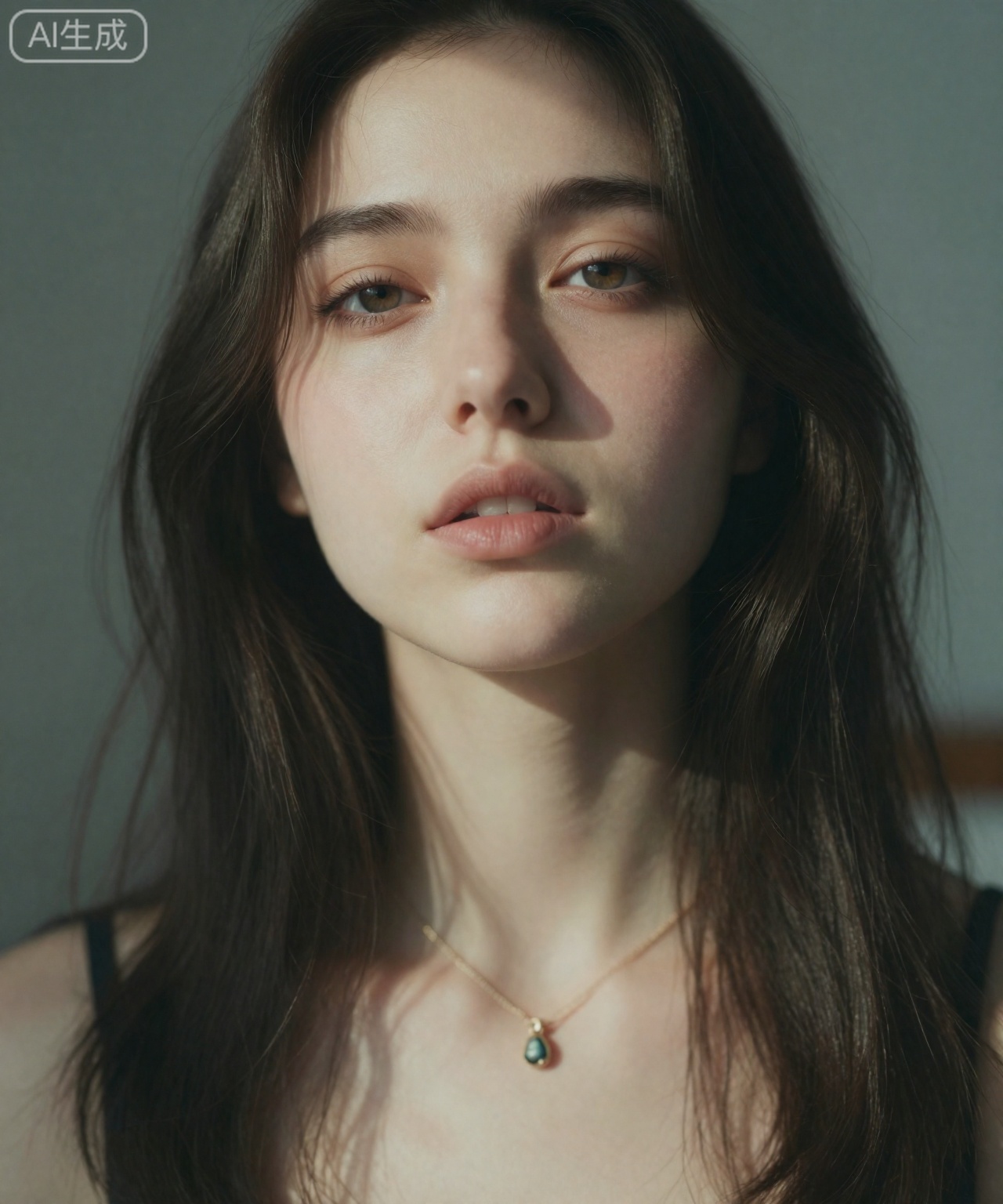 图像显示一位年轻的欧洲白人女子,有着长长的深色头发和浅肤色。她的脸上表情柔和,嘴唇微微张开。光线自然,在她的脸上投下柔和的阴影,她戴着一条精致的项链,上面有一个小吊坠。背景模糊,注意力集中在她的脸和上半身。整体氛围宁静而亲密,注重自然之美。

