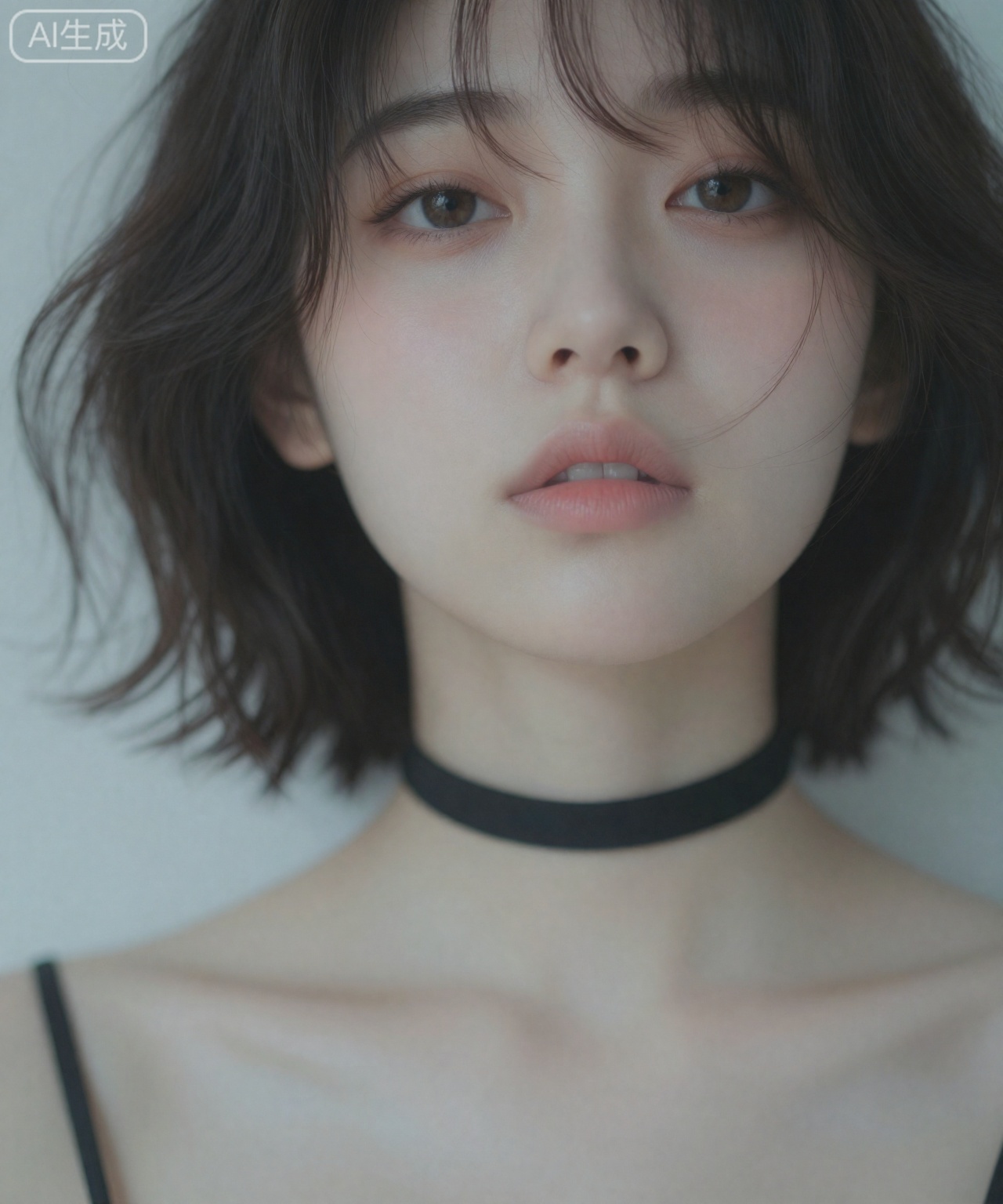 图像显示了一个留着深色波浪短发的人的特写。此人肤色白皙,嘴唇呈浅粉色。他们脖子上戴着黑色项圈式配饰。背景模糊,产生强调主体的柔焦效果。光线柔和且漫射,给图像带来温柔梦幻的氛围。

