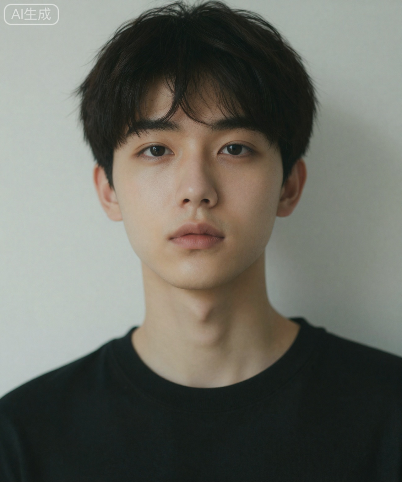 The image shows a young man with short, dark hair and light skin tone. The man is wearing a black top against a plain light background. The light is soft and even, creating a soft shadow effect on the right side of the person's face. The focus is mainly on the upper part of the body, and the background is a simple, uncluttered surface.