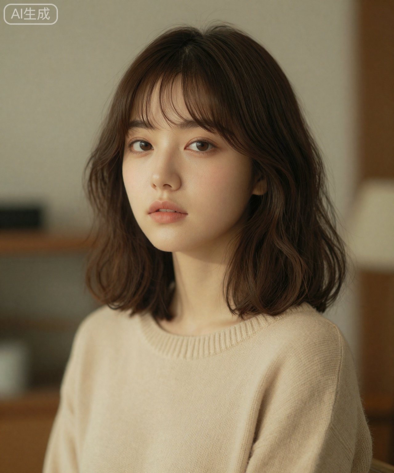 The image shows a young woman with medium-length dark brown hair styled in a soft, natural style. She has light skin and wears a beige knitted sweater. The background becomes blurred, creating a bokeh effect that highlights the subject. The lighting is warm and soft, giving people a peaceful and gentle atmosphere.