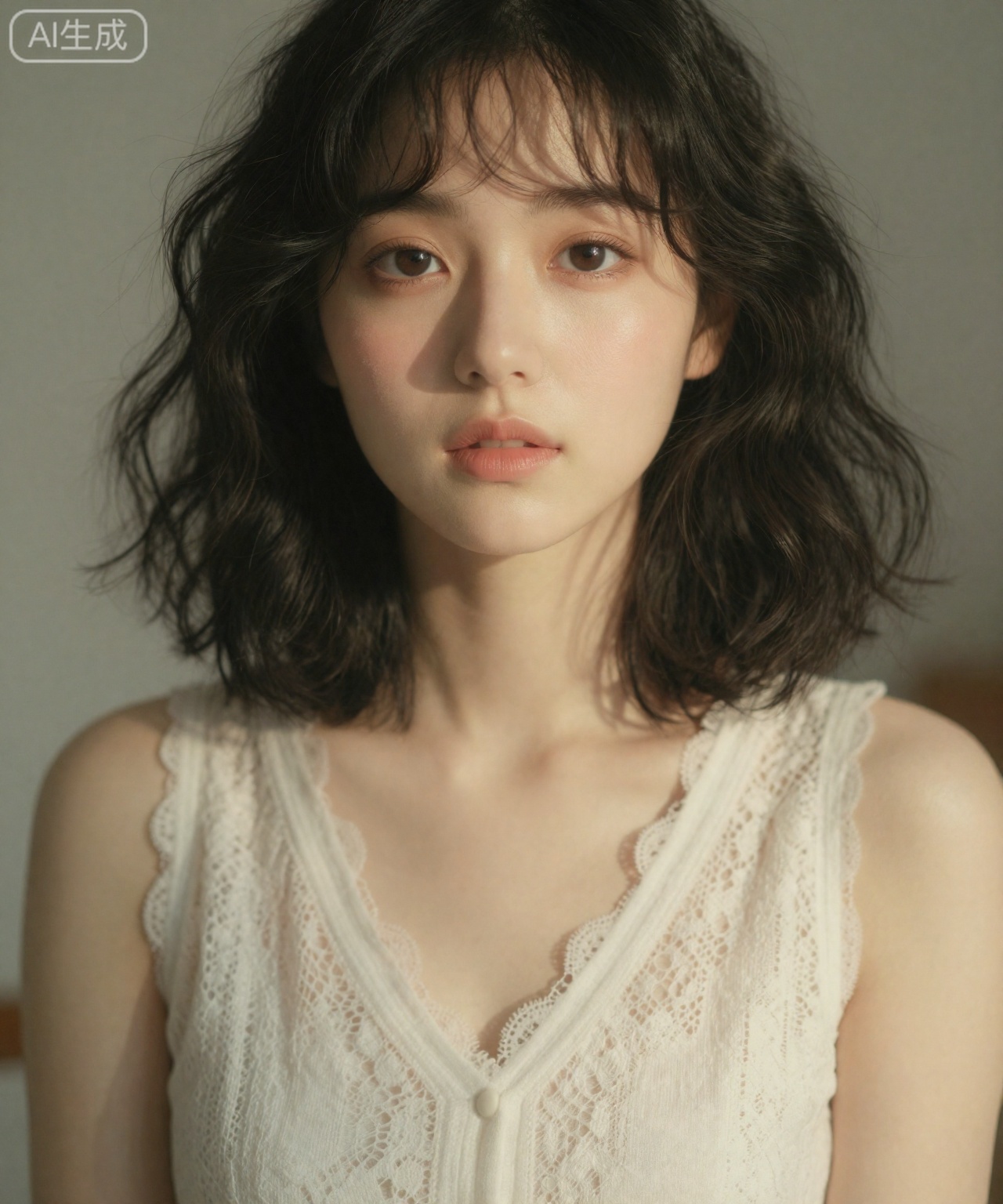 The image shows a young woman with shoulder-length curly black hair. Her makeup was soft and natural, focusing on smooth skin. She wore a sleeveless white lace top with a delicate pattern. The lighting is warm and soft, casting soft shadows on her face, creating a peaceful and dreamy atmosphere in the picture. Blur the background, emphasize the subject, and create a sense of depth.