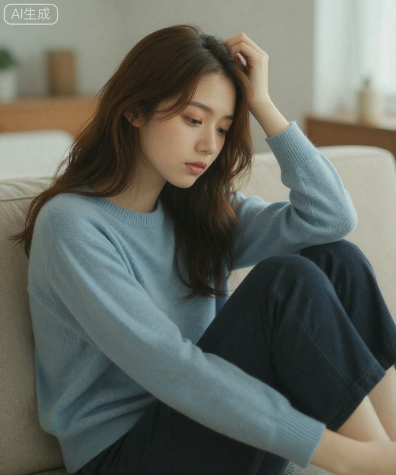 图片显示一名年轻女子,留着棕色长发,穿着浅蓝色毛衣和深色裤子。她坐在沙发上,一只手放在头上,另一只手臂弯曲,看上去很放松​​。背景柔和模糊,暗示着舒适的室内环境,可能是客厅。灯光温暖自然,营造出宁静祥和的氛围。

