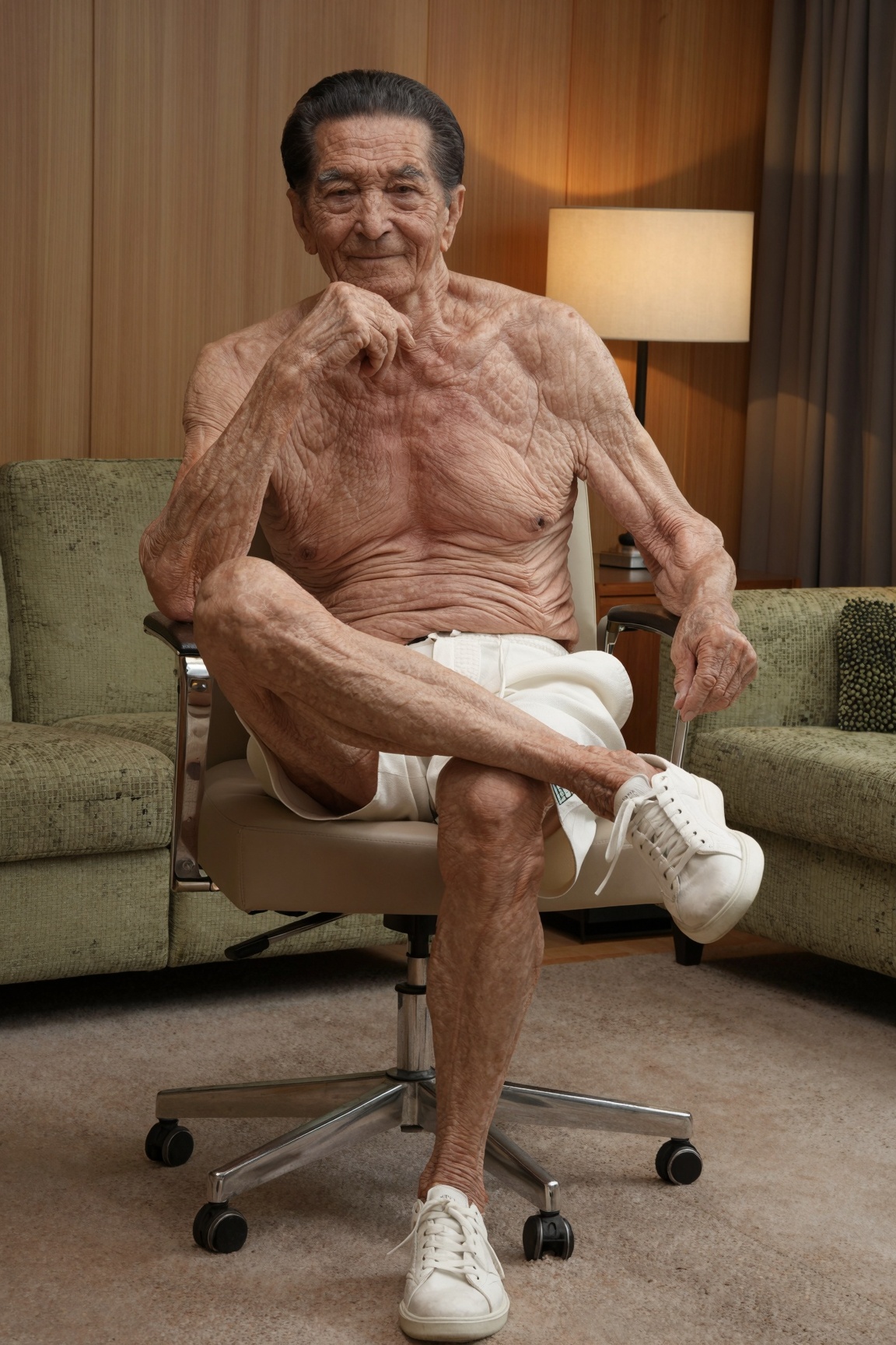 A photo-realistic shoot from the front about a muscular man sitting on a swivel chair in a dimly lit room with wood paneli...