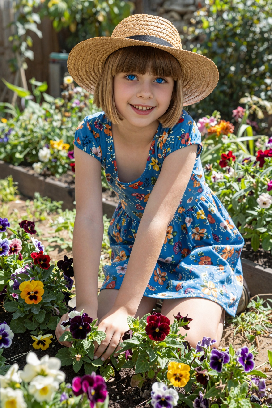 A woman with short blonde hair and bright blue eyes is gardening on a sunny day. She is wearing a straw hat and a blue dre...