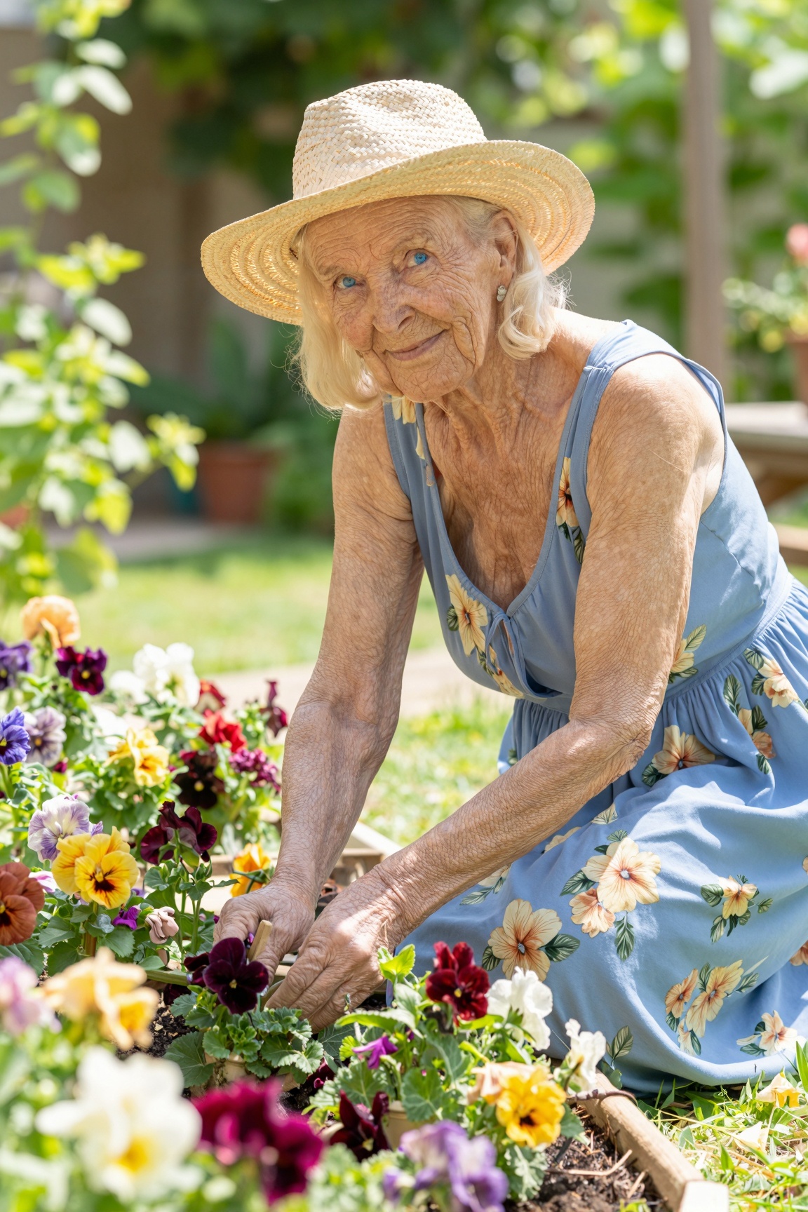 A woman with short blonde hair and bright blue eyes is gardening on a sunny day. She is wearing a straw hat and a blue dre...
