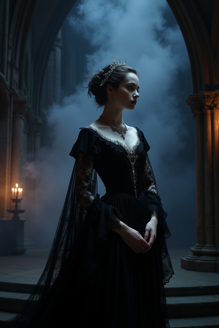 A hauntingly elegant gothic portrait of a mysterious figure with pale skin illuminated by flickering candlelight,  dressed...