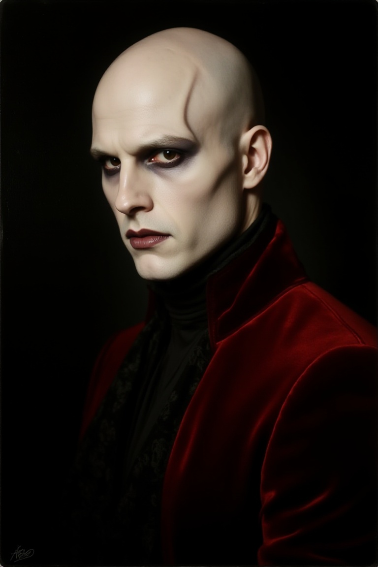 Gothic painting,  portrait of a male figure with a bald head,  pale white greenish skin on Tensor.Art