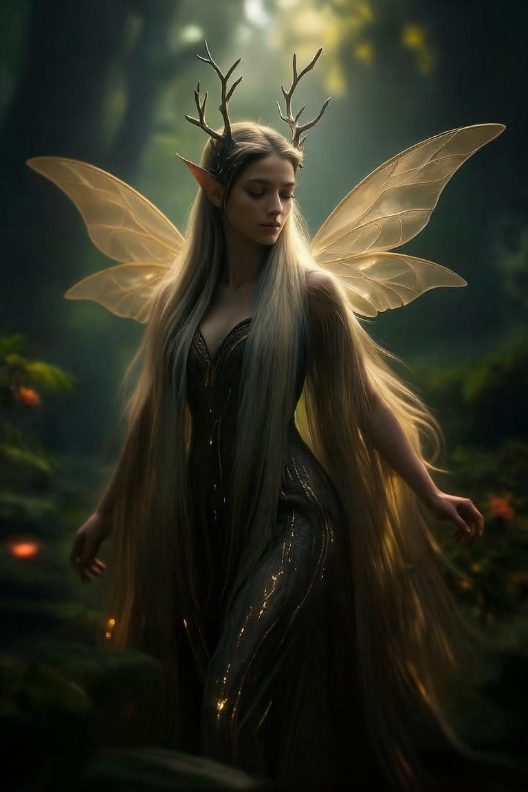 A mystical fairy with delicate,  translucent golden wings stands in a lush,  enchanted forest. She has long on Tensor.Art