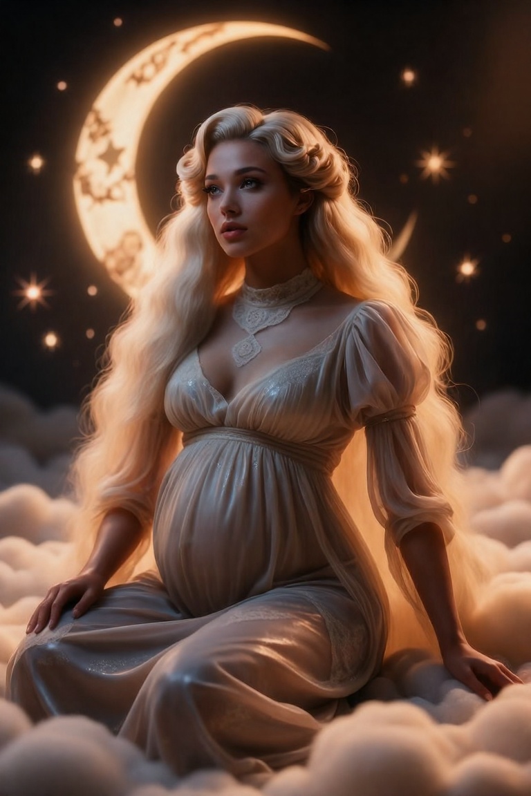 A fantasy-inspired portrait of a pregnant woman with long,  flowing,  platinum blonde hair styled in soft on Tensor.Art