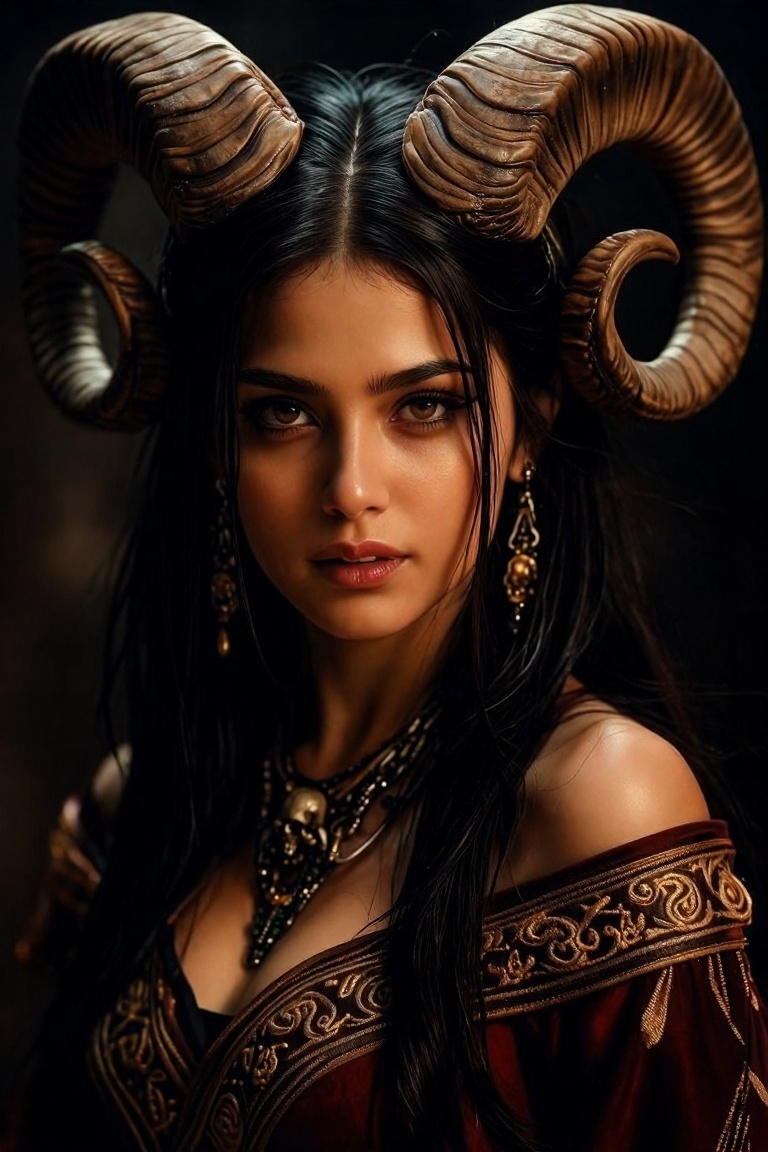 A highly detailed fantasy portrait of a young woman with striking,  intense eyes and a confident,  fierce expression. She...