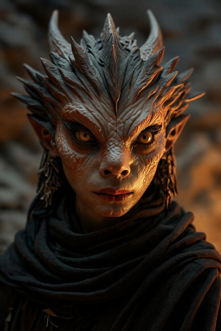 A highly detailed fantasy creature with a humanoid body and a large,  intricate dragon-like head. The creature's head feat...