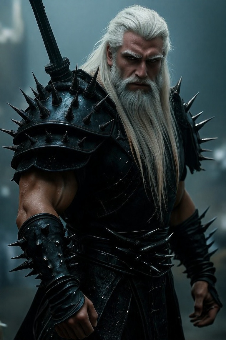 A highly detailed fantasy character portrait of an ancient,  formidable warrior with a long,  flowing white beard and thic...