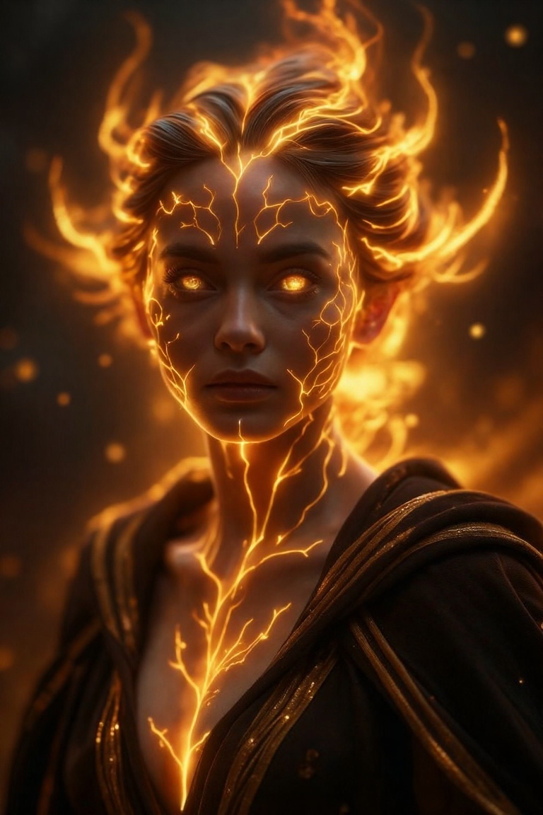 A highly detailed fantasy portrait of a female character with a mystical and powerful aura. She has glowing amber eyes and...