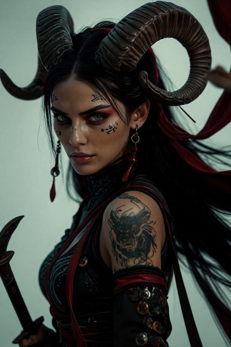 A highly detailed and realistic illustration of a fierce female warrior with a dark,  intense expression. She has striking...
