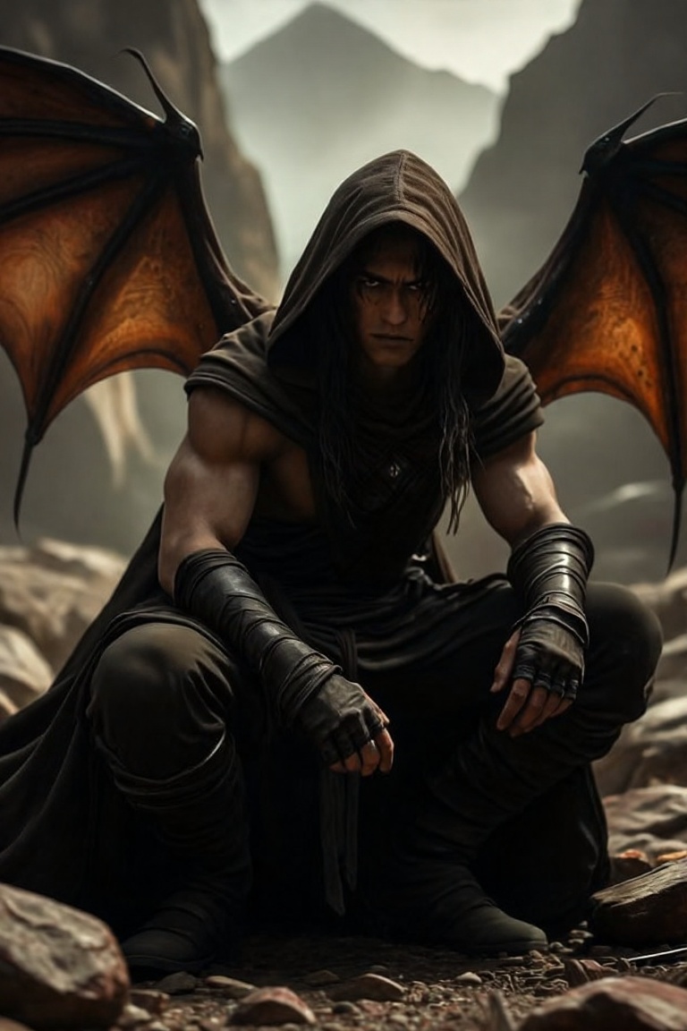 A fantasy scene featuring a young male character with dragon-like wings,  sitting on the ground in a rugged,  rocky landsc...