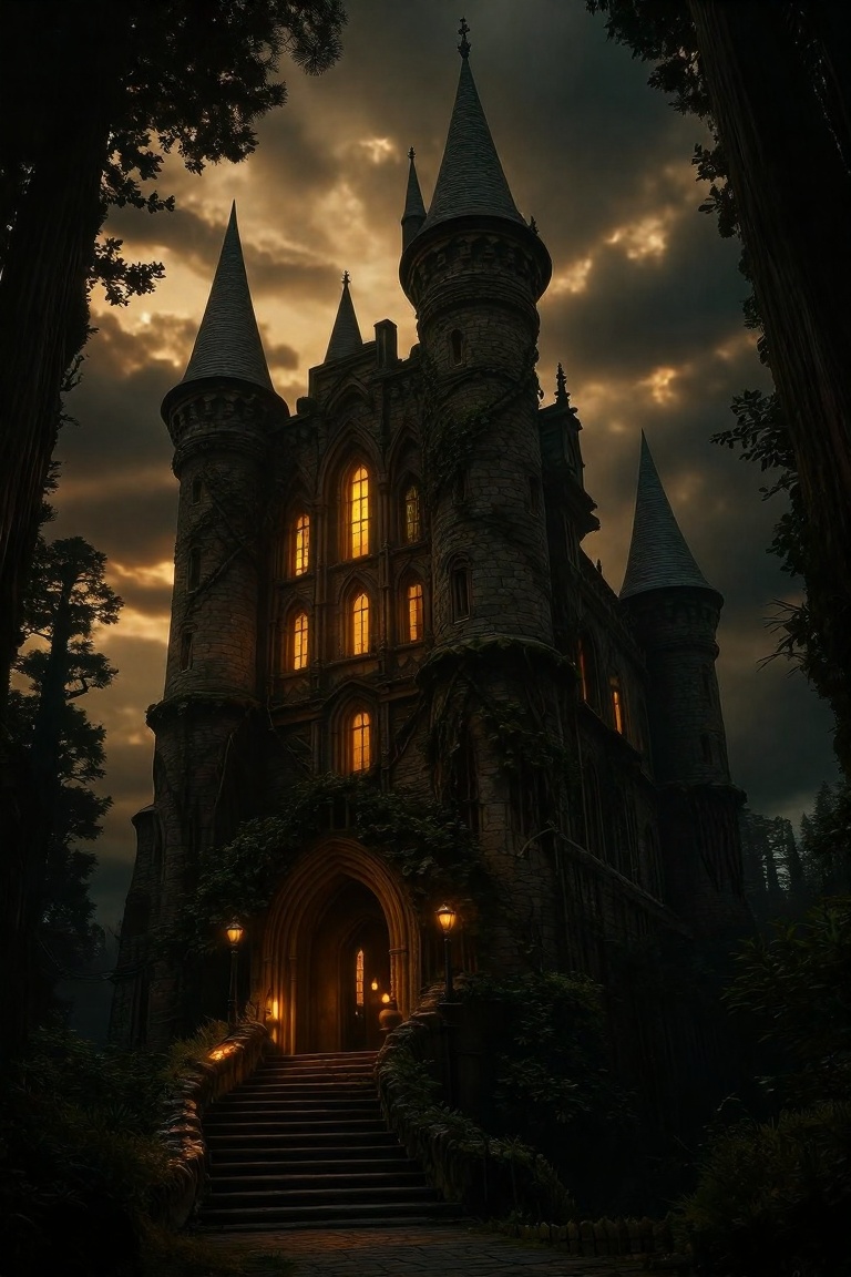 A mystical,  fairy-tale castle nestled deep within a dense,  enchanted forest at twilight. The castle features tall on Ten...