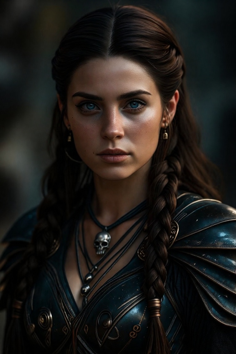 A highly detailed fantasy portrait of a fierce warrior woman with piercing blue eyes and long,  wavy brown hair styled in...