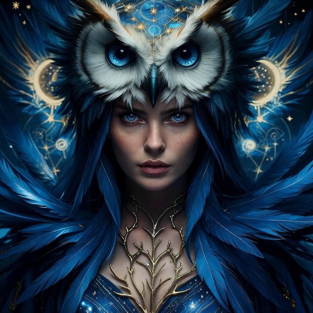 Create a highly detailed fantasy portrait of a woman with striking blue eyes,  surrounded by an intricate and mystical cos...