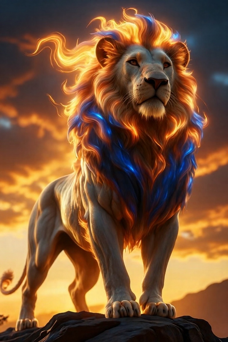 A majestic,  mythical lion with a flowing,  fiery mane standing atop a rocky outcrop during a dramatic sunset. The lion's...