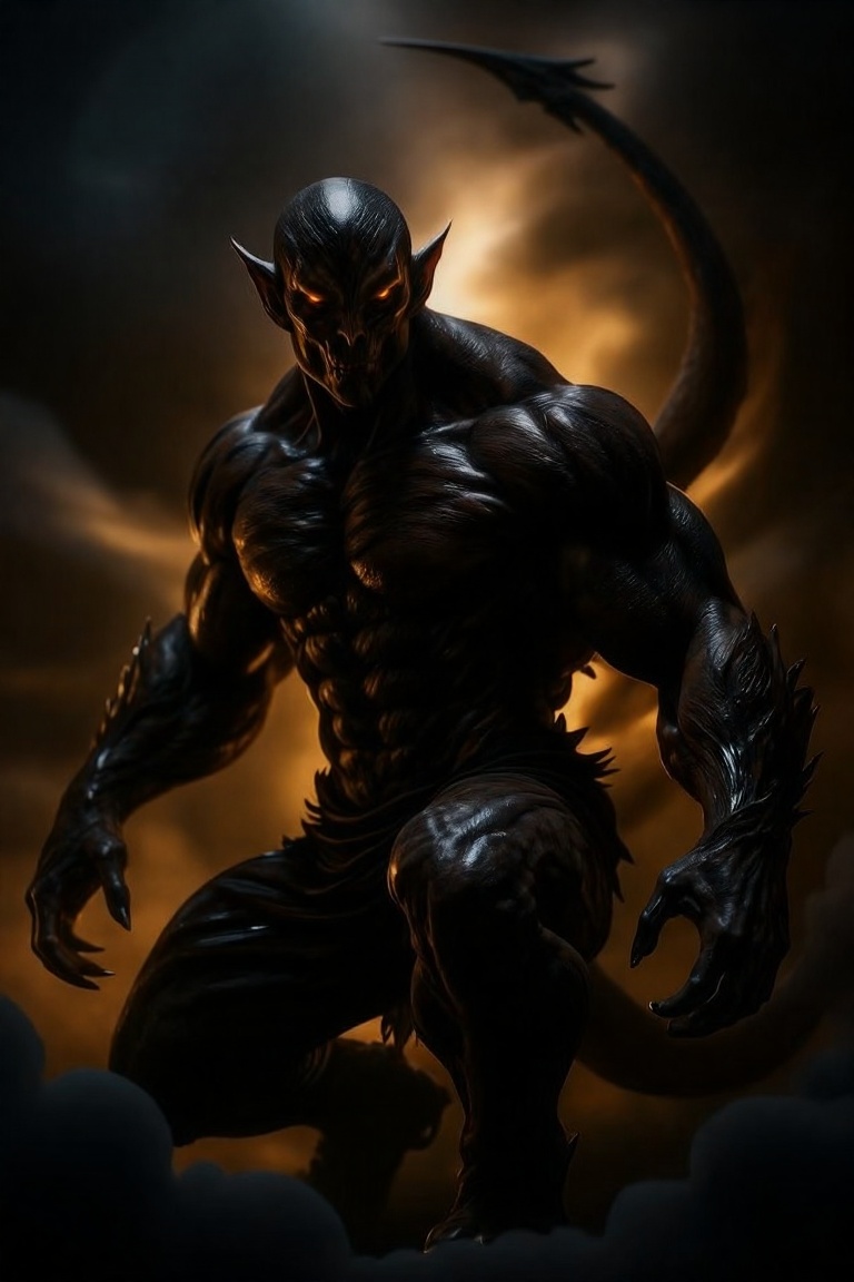 A fierce and imposing demon-like creature with a muscular,  humanoid body covered in dark,  shiny fur. It has glowing on T...
