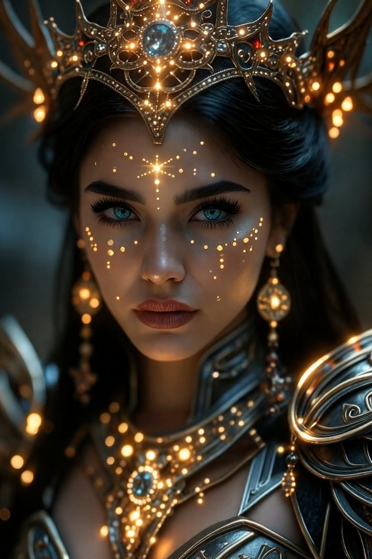 A highly detailed fantasy portrait of a mystical woman with piercing blue eyes,  adorned with intricate gold and silver je...