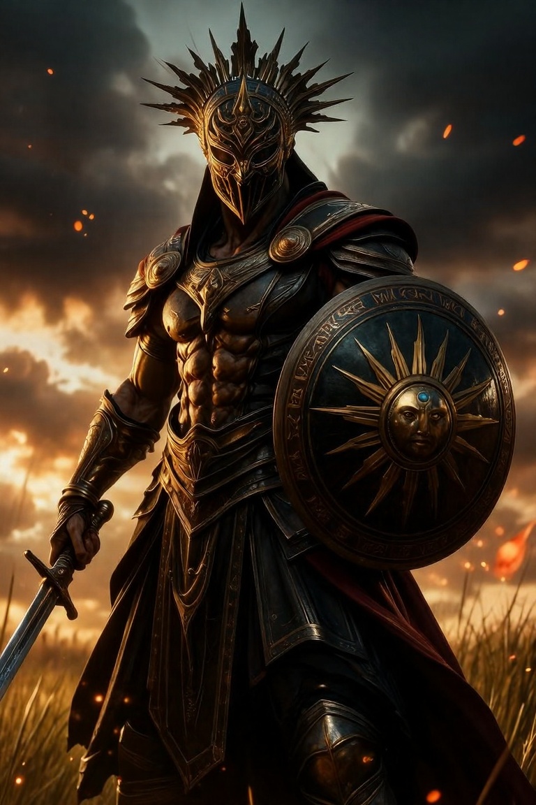 A highly detailed,  epic fantasy scene featuring a formidable warrior clad in ornate,  dark on Tensor.Art