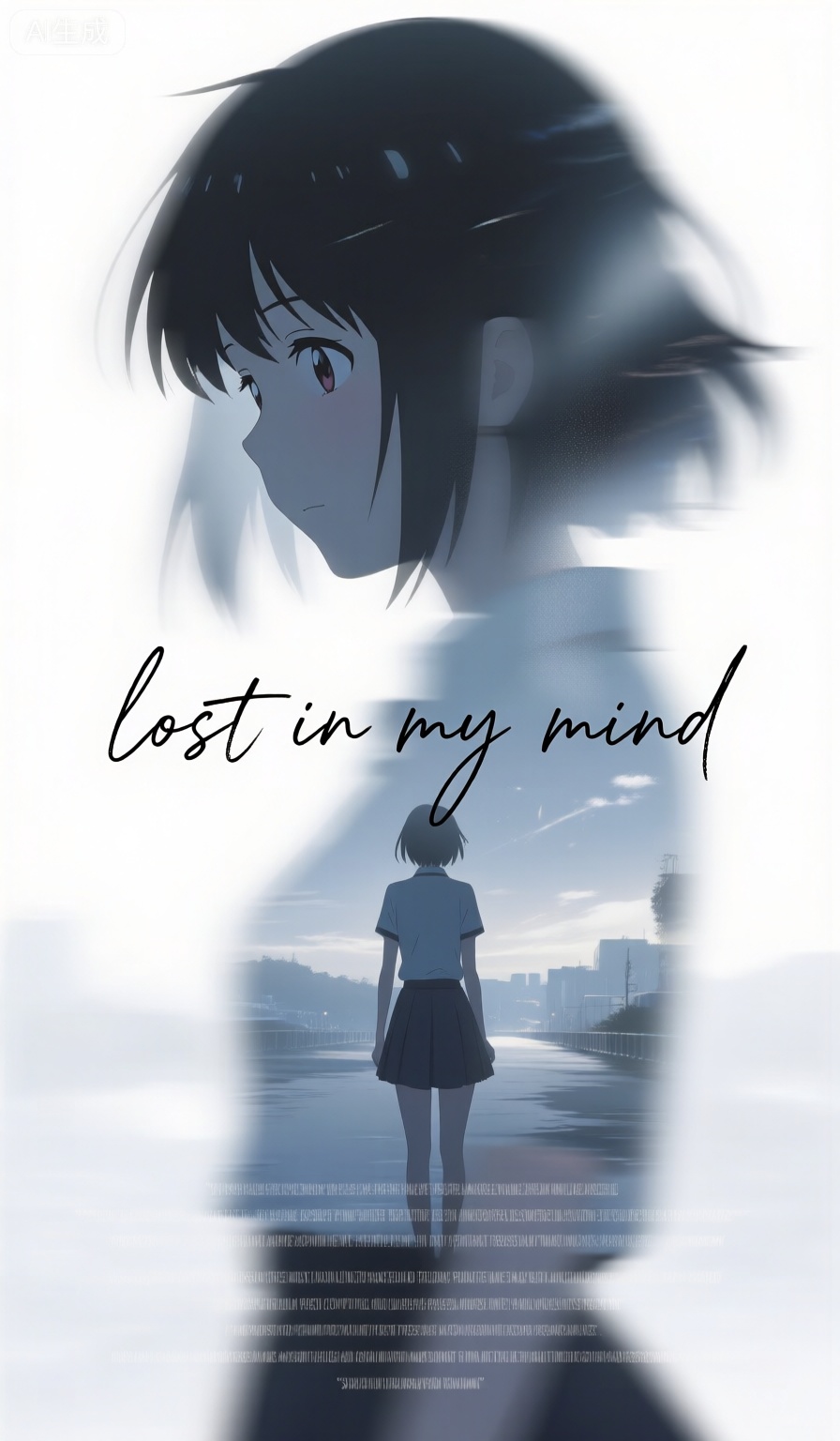 动漫女孩完美身材比例优越胸部饱满有型,
海报设计视觉写意,夸张视角,朦胧,冷色,白色氛围,近景模糊隐约女生人像剪影与清晰远处场景的多重完美融合重叠,形成奇幻意境,动态模糊,迷幻,光影美学,朦胧美学,多重曝光,暗调与高曝,拖影,失焦,近景失焦虚化,颗粒感,强烈的胶片颗粒感,抽象,漫延,梦核,光朦,大面积留白,摄影获奖作品,电影场景,超现实,高级感,杰作,模糊笔触英文信息解析点缀,纤细流畅手写小字“lost in my mind”,
