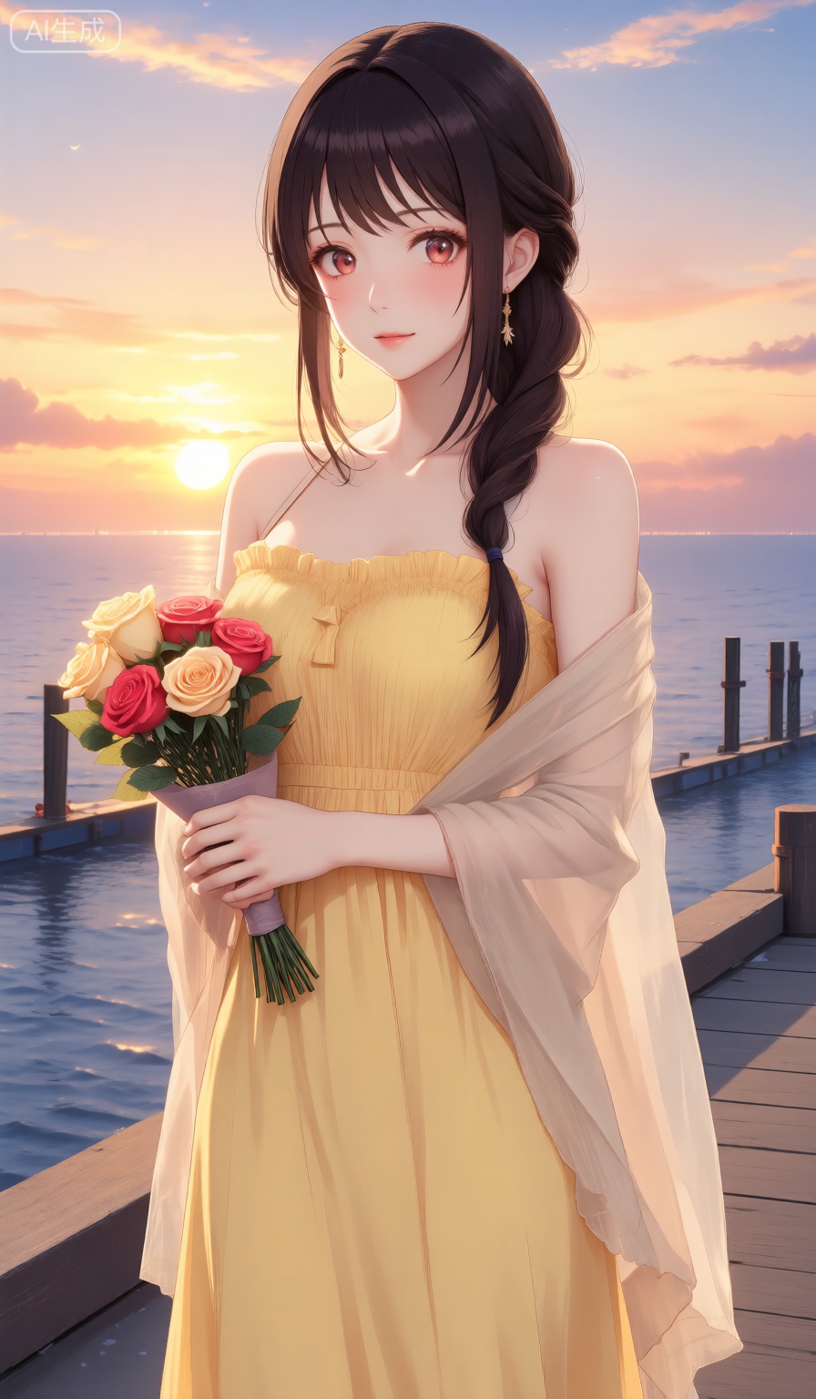 动漫女孩完美身材比例优越胸部饱满有型,
一张年轻女性,她皮肤白皙,长发深棕,盘成侧辫,身着黄色褶边连衣裙与轻薄浅色披肩。她手持玫瑰花束,站在日落时分的码头上,背景是宁静的海洋与绚烂的天空。