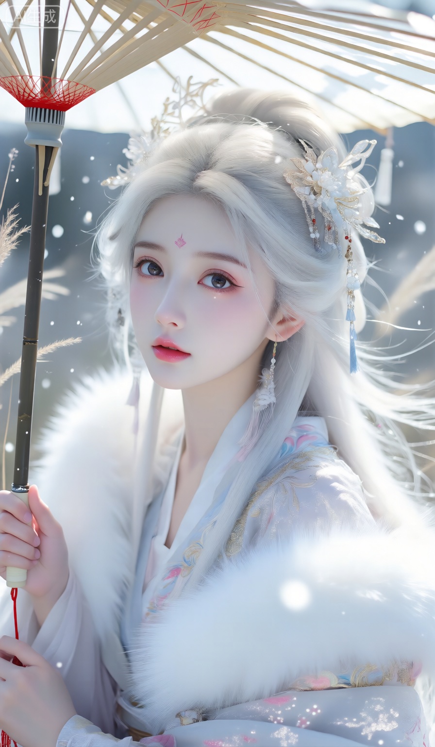 动漫女孩完美身材比例优越胸部饱满有型,
 镜头语言,古典美人淡彩,个性视角,奇妙融合意境,美丽少女,大眼睛,冷白皮肤,衣服头饰发型比较特别但是有统一性（且比较复杂）十分华丽,毛领,冬天的感觉,可爱脸蛋粉嫩感,斑驳阳光,虚焦,高颜值,既视感,情绪氛围感拉满,透视感,暗朦,光朦,泛白,褪色,漏光,粒子高噪点,层次丰富,写意,朦胧美学,光的美学,lomo效果,超现实,高级感,杰作色彩十分浓厚,色彩饱和度极高,风吹拂着长长的连绵的草,大片美学,流动斑驳的光影投在肌肤上,18岁桃花眼绝色美女,有光照到眼睛,脸部特写,广角镜头,强透视,氛围感拉满,超清32K,大美女,极致精致立体的五官,冷白皮,美颜美白效果,额头印记,古典发簪,hair_ornament,发带,撑开的油纸伞挡住强光透过油纸伞照在身上,肌肤光泽,电影质感,古风少女,冷白皮,白朦调,抽hdr肌理与抽象光影交织出朦胧叙事,爱多梦风格,hdr抽象,adm模糊,樱花骨绝世容颜在非常规构图中透出冷艳妩媚,