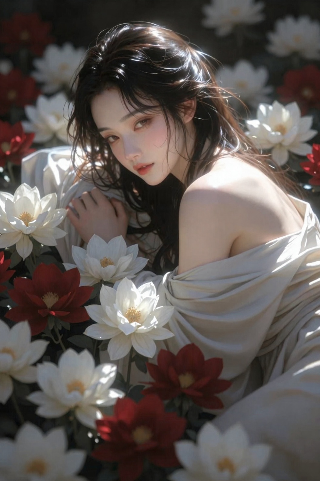 梦幻唯美风格,  古代年轻女性形象,  大被花海簇拥。大场景构图 on Tensor.Art
