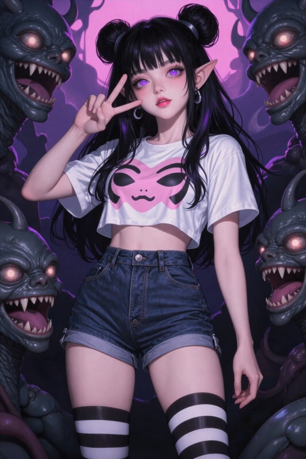 插画风格,  一个浅色皮肤、黑发、尖耳朵的精灵女人,  穿着白色、略带光泽的短袖短款上衣 on Tensor.Art