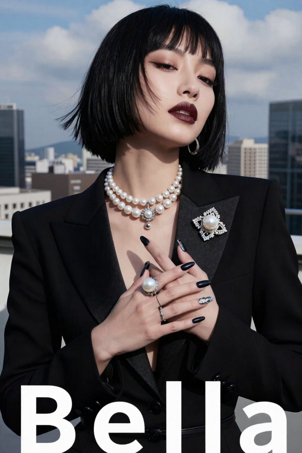 时尚高级写真风格,  聚焦三吉彩花,  她利落黑色短发（发丝纹理细腻柔顺） on Tensor.Art