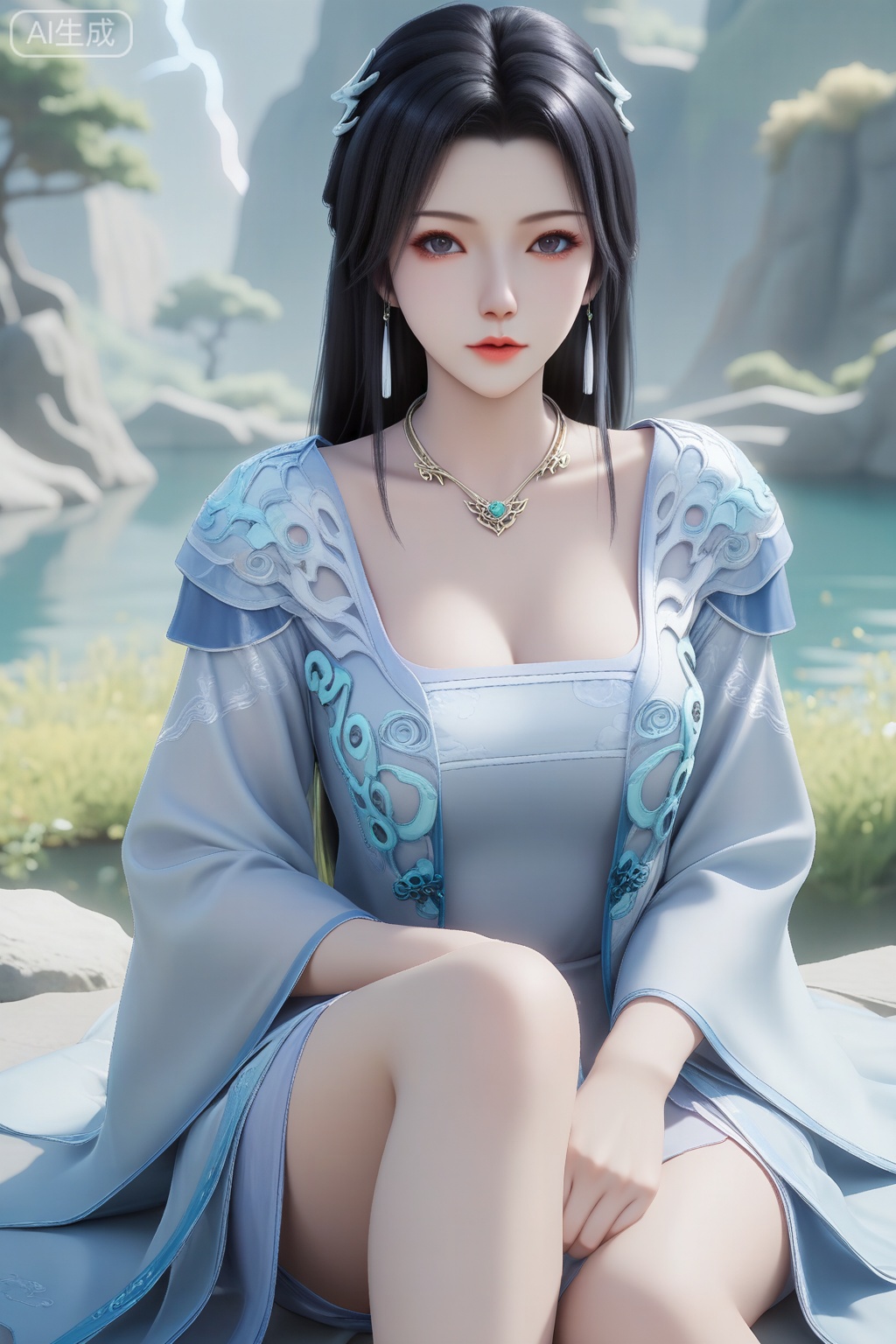 彩蝶仙子,masterpiece,best quality,official art,extremely detailed CG unity 8k wallpaper,1girl, solo, long hair, looking at viewer, black hair, hair ornament, long sleeves, dress, jewelry, earrings, necklace, bare legs,chinese clothes,